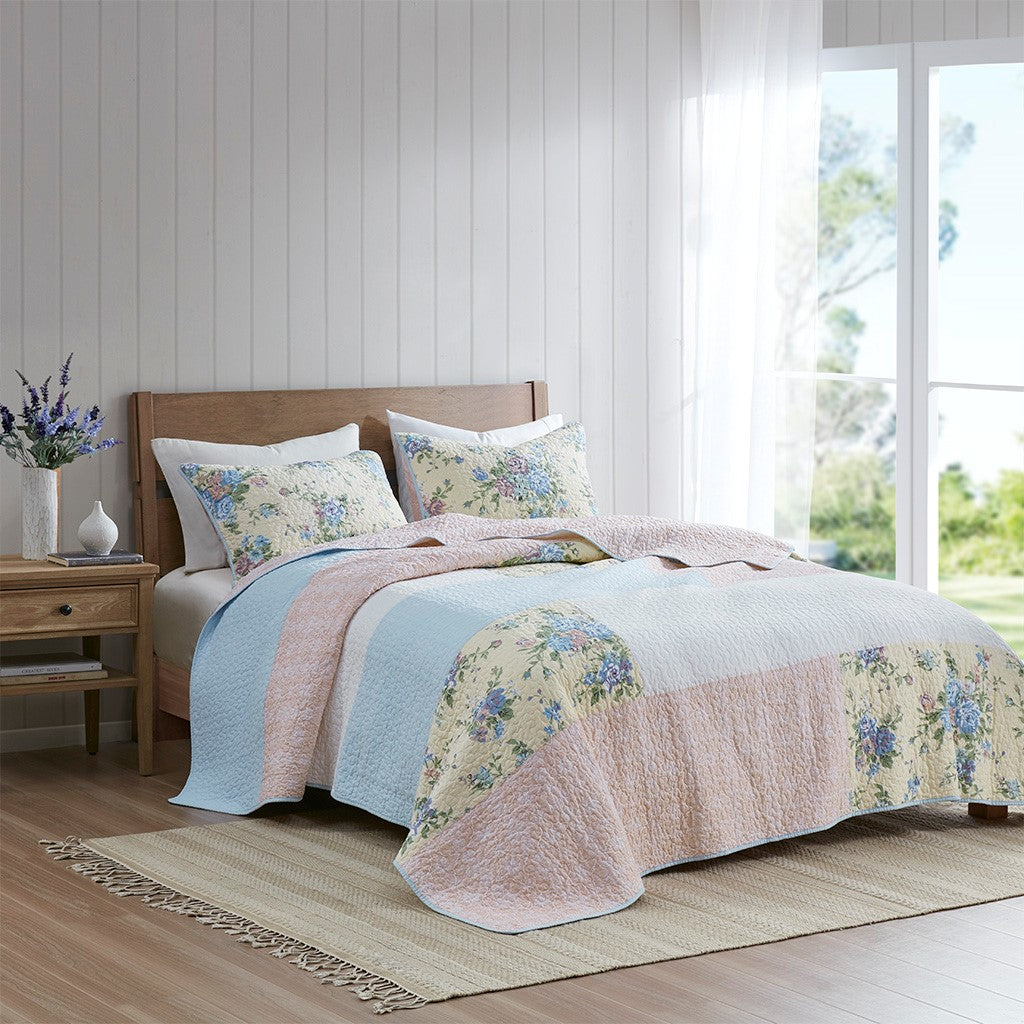 Madison Park Gretchen 3 Piece Reversible Cotton Quilt Set - Blush / Yellow - King Size / Cal King Size