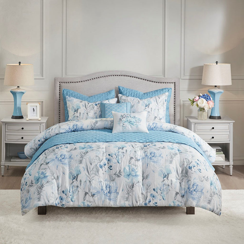 Pema 8 Piece Printed Seersucker Comforter and Coverlet Set Collection - Blue - Full Size / Queen Size