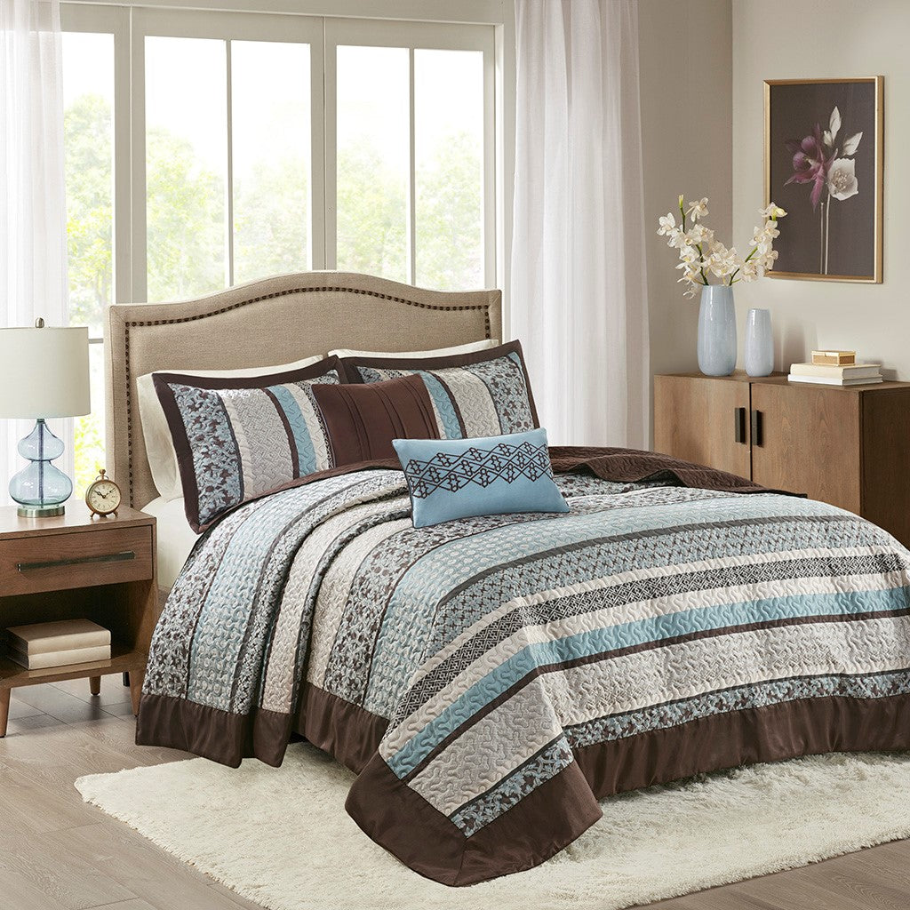 Madison Park Princeton 5 Piece Reversible Jacquard Bedspread Set - Blue - Queen Size