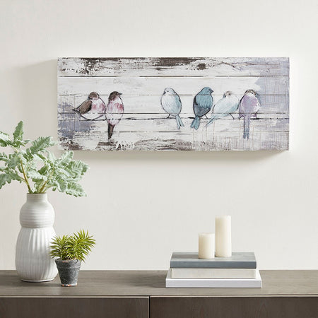Madison Park Perched Birds Hand Painted Wood Plank - White / Grey 
