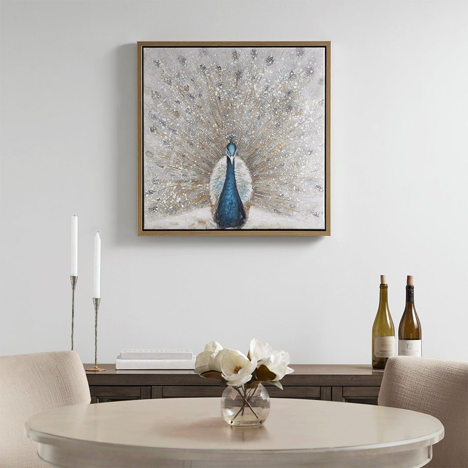 Madison Park Gilded Peacock Framed Canvas with Gold Foil and Hand Embellishment - Blue / Neutral 