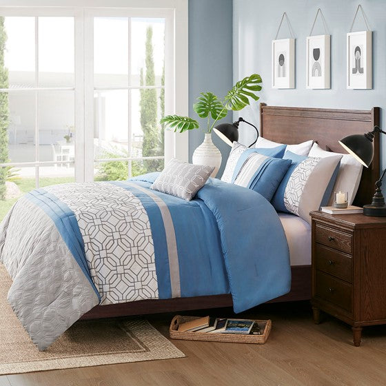 Donnell Embroidered 5 Piece Comforter Set - Blue - Full Size / Queen Size