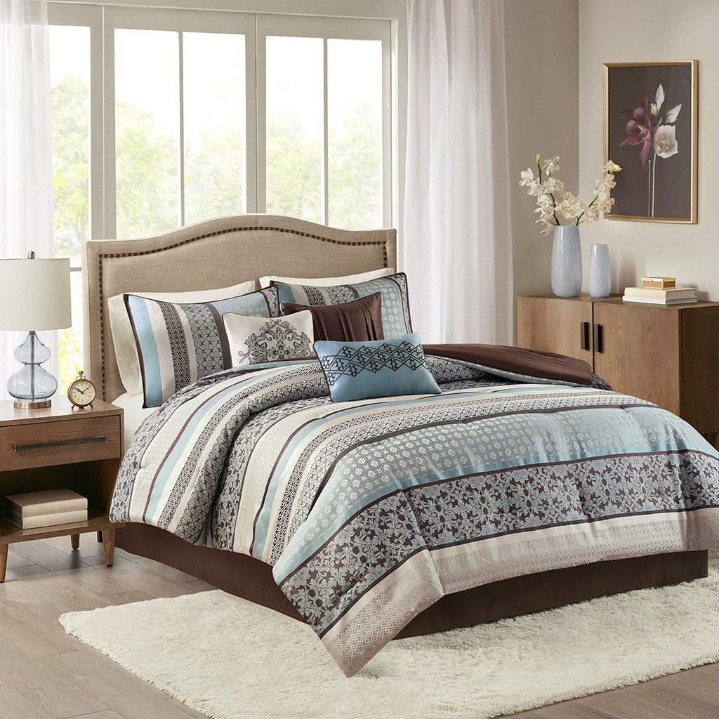 Madison Park Princeton 7 Piece Comforter Set - Blue - Queen Size