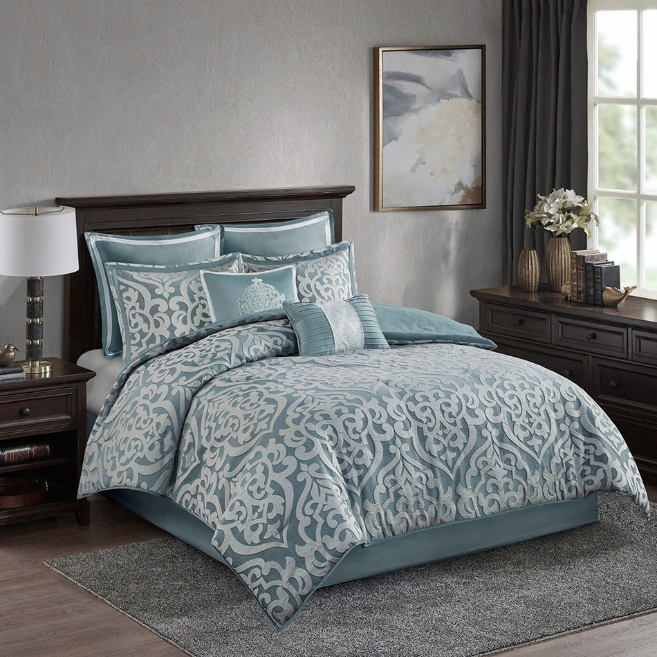 Madison Park Odette 8 Piece Jacquard Comforter Set - Aqua - King Size