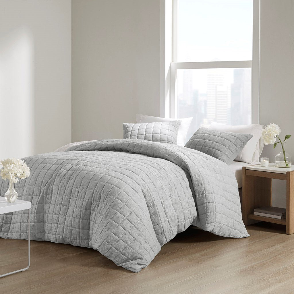 N Natori Cocoon 3 Piece Quilt Top Duvet Cover Mini Set - Grey - Full Size / Queen Size