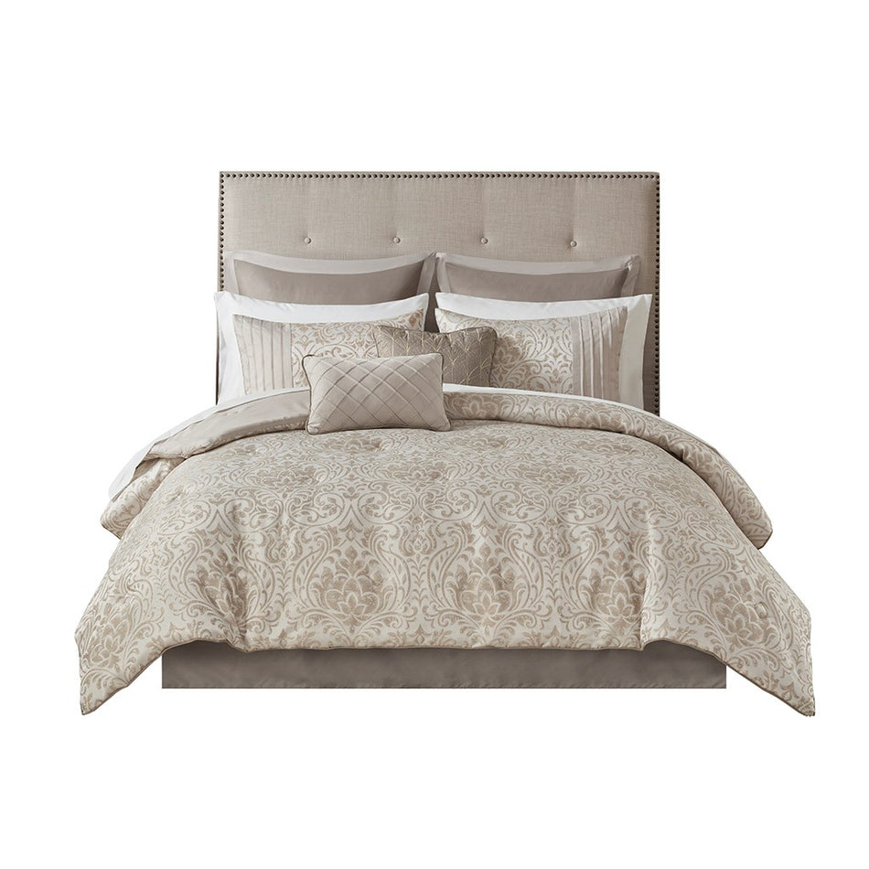 Emilia 12 Piece Jacquard Complete Bed Set - Khaki - Cal King Size