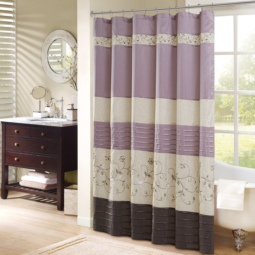 Madison Park Serene Faux Silk Embroidered Floral Shower Curtain - Purple - 72x72"