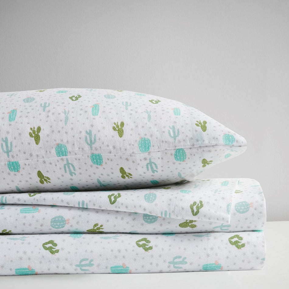 Cozy Soft Cotton Flannel Printed Sheet Set - Green Cactus - Queen Size