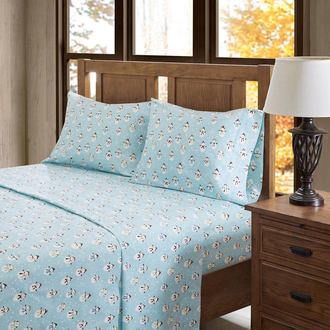 True North by Sleep Philosophy Cozy Cotton Flannel Printed Sheet Set - Blue Snowmen - Full Size