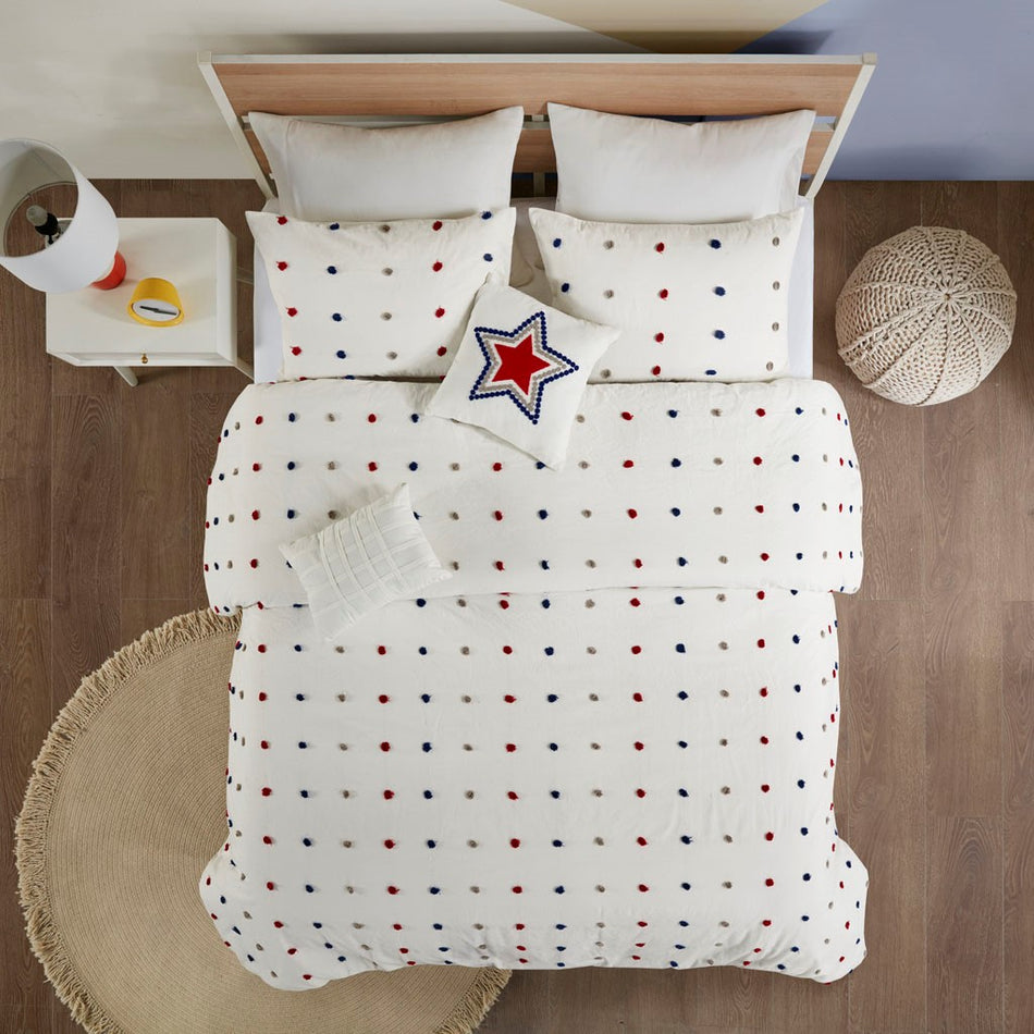 Callie Cotton Jacquard Pom Pom Comforter Set - Red / Navy - Twin Size