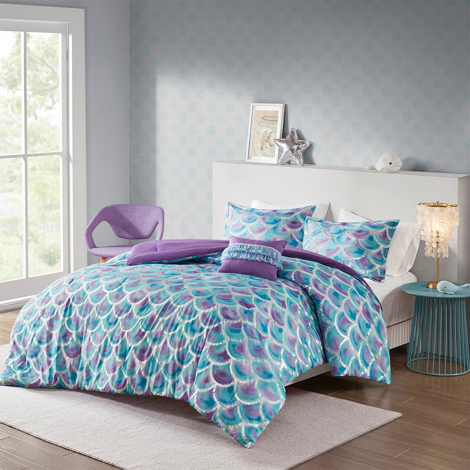 Mi Zone Pearl Metallic Printed Reversible Comforter Set - Teal / Purple - Full Size / Queen Size