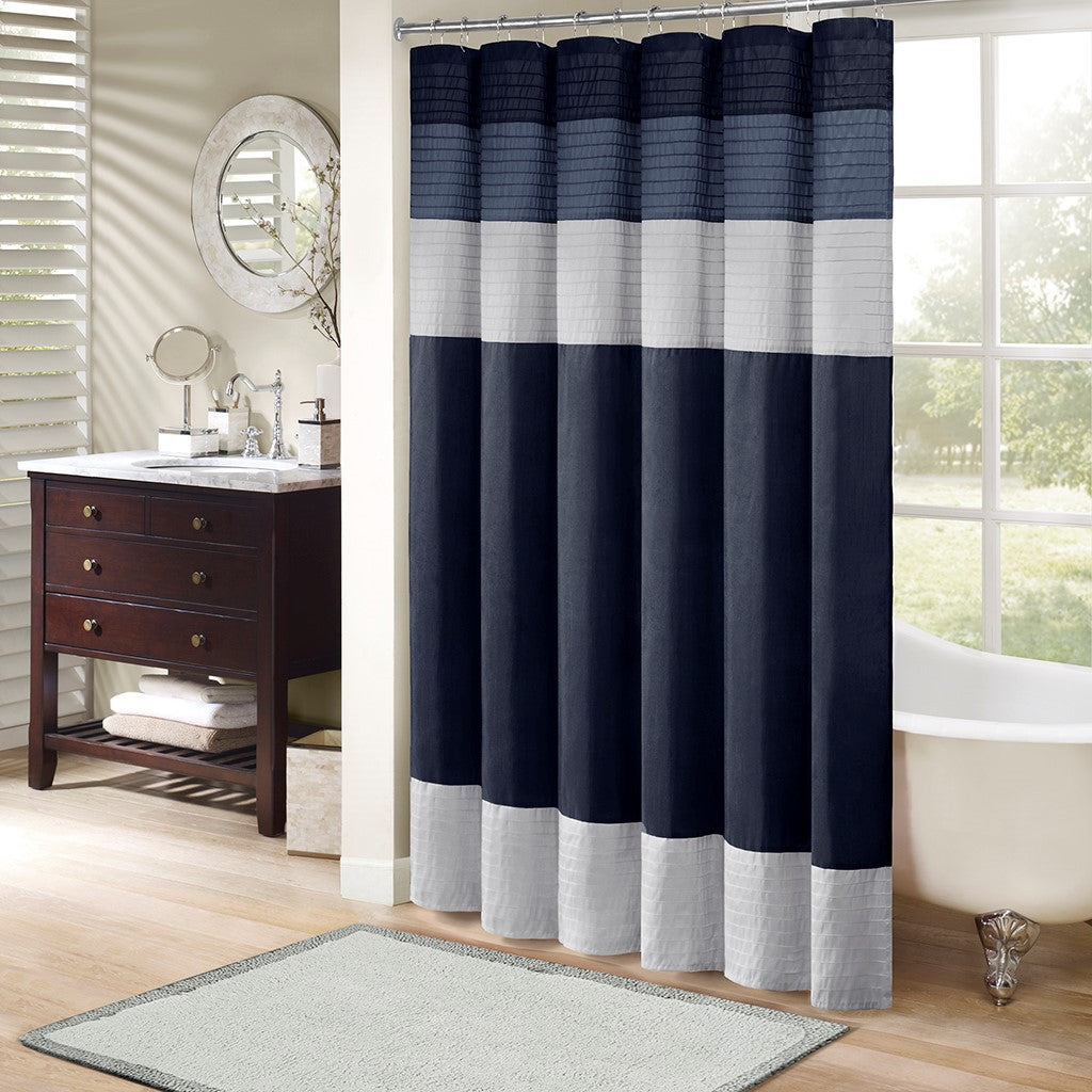 Madison Park Amherst Faux Silk Shower Curtain - Navy - 72x72"