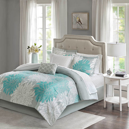 Madison Park Essentials Maible 9 Piece Comforter Set with Cotton Bed Sheets - Aqua - Cal King Size