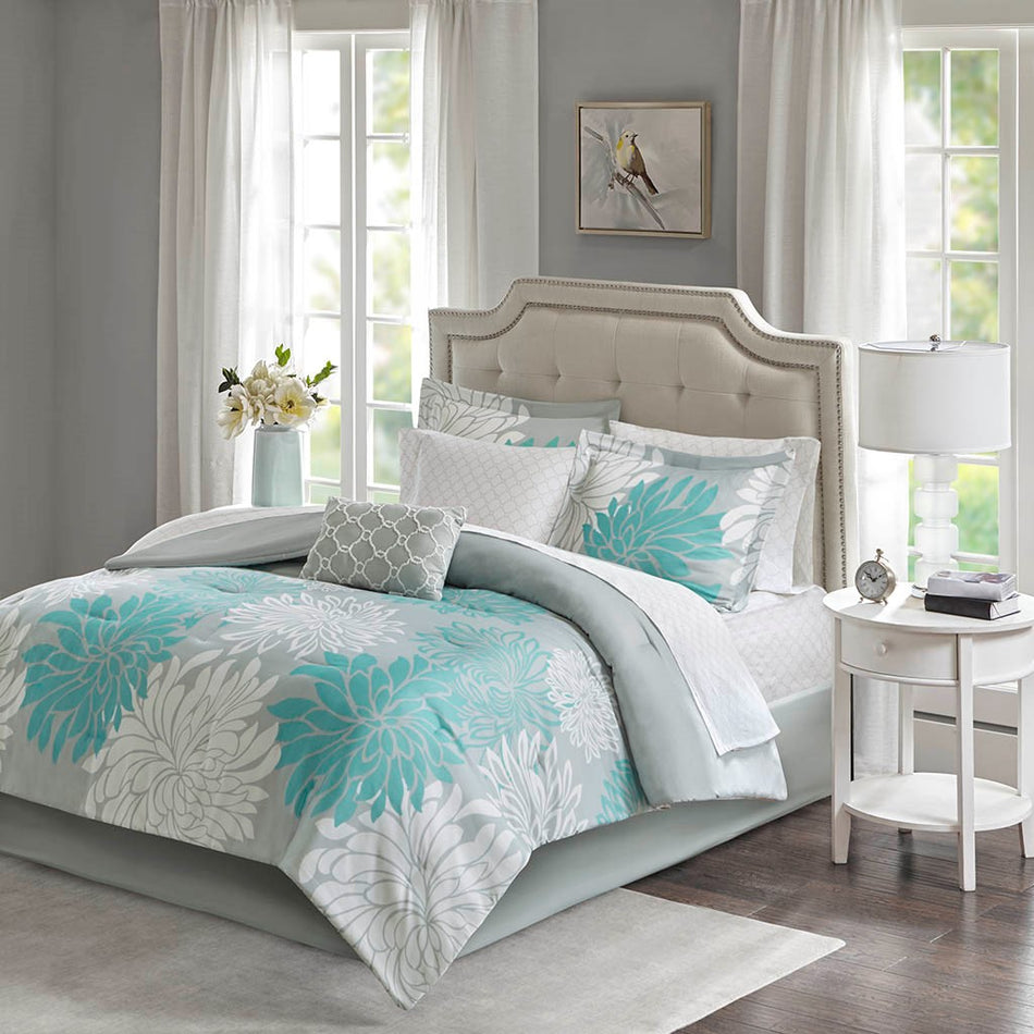 Madison Park Essentials Maible 7 Piece Comforter Set with Cotton Bed Sheets - Aqua - Twin Size