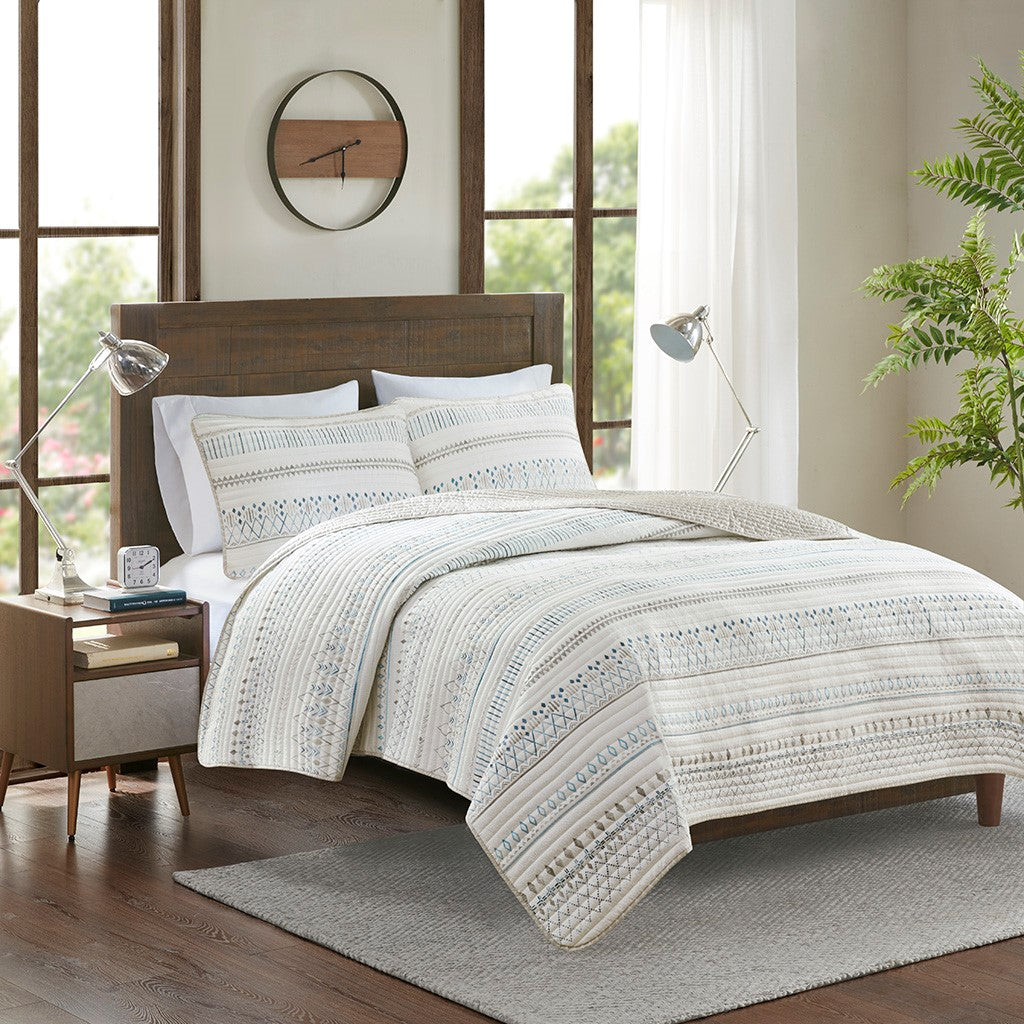 Madison Park Fraser 3 Piece Printed Microfiber Seersucker Quilt Set - Taupe Multi - Full Size / Queen Size