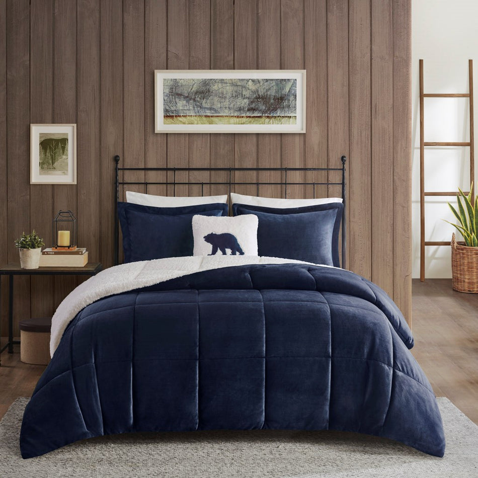 Alton Plush to Sherpa Down Alternative Comforter Set - Navy / Ivory - Full Size / Queen Size