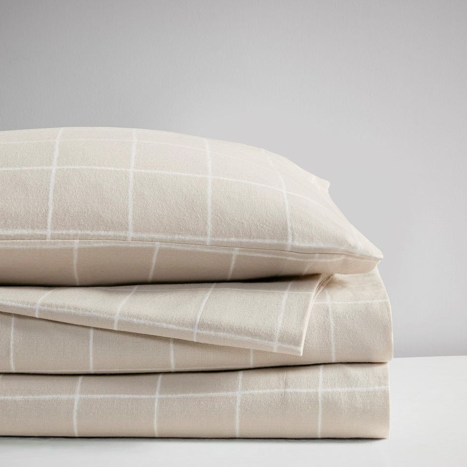 Oversized Cotton Flannel 4 Piece Sheet Set - Beige Windowpane - King Size