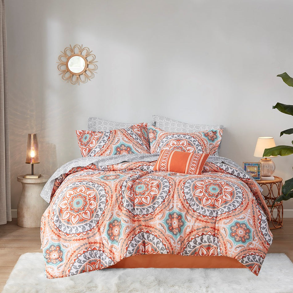 Serenity 9 Piece Comforter Set with Cotton Bed Sheets - Coral - Queen Size