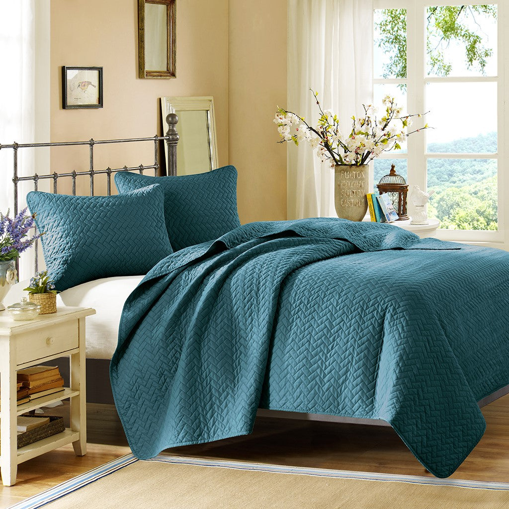 Hampton Hill Velvet Touch 3 Piece Luxurious Oversized Quilted Coverlet Set - Peacock - King Size