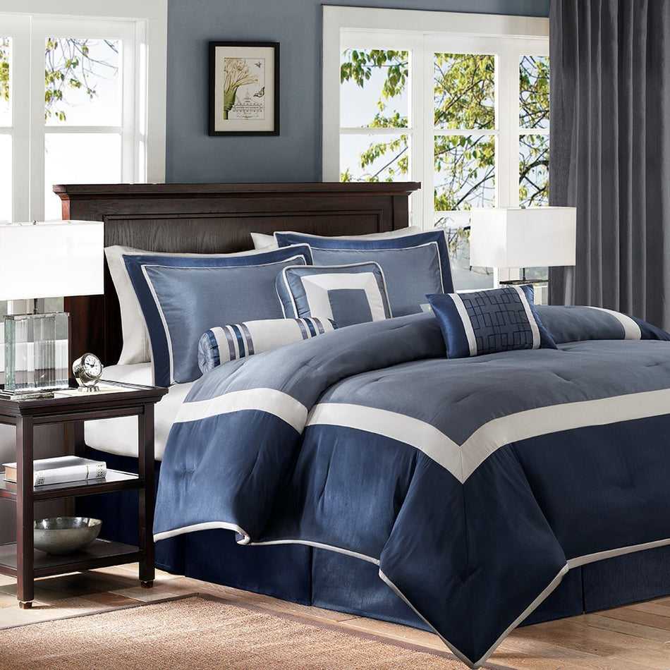 Madison Park Genevieve 7 Piece Comforter Set - Navy - Queen Size