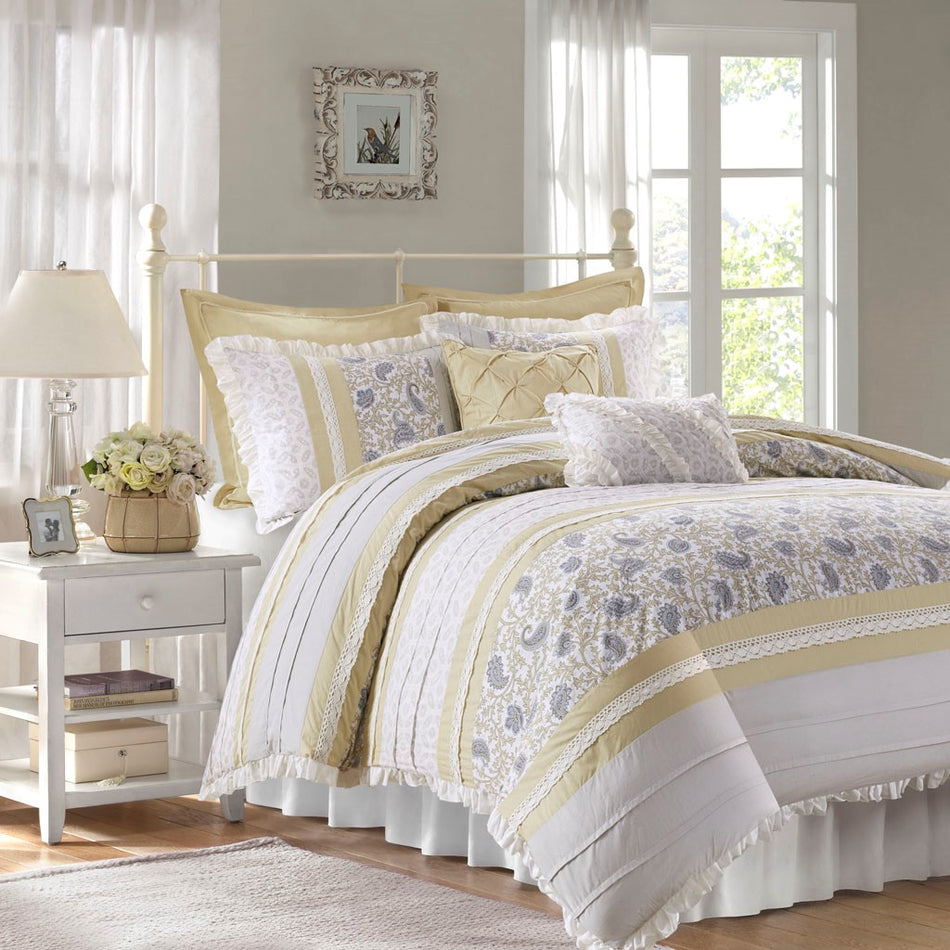 Dawn 9 Piece Cotton Percale Comforter Set - Yellow - Queen Size