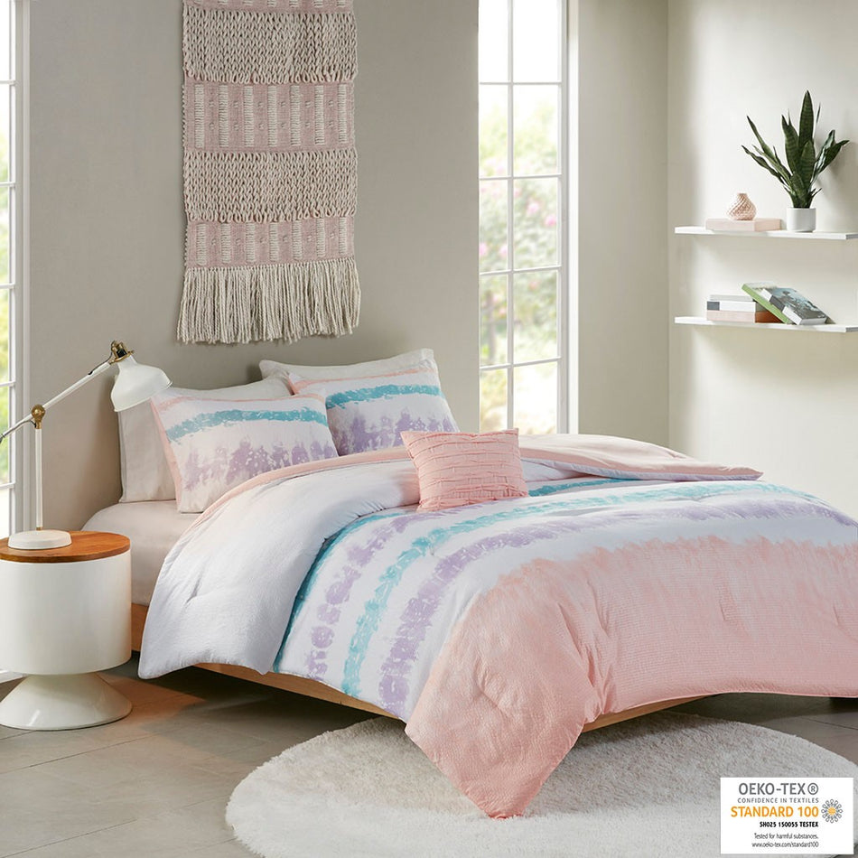 Intelligent Design Loriann Tie Dye Printed Seersucker Comforter Set - Pink / Purple - Twin Size / Twin XL Size