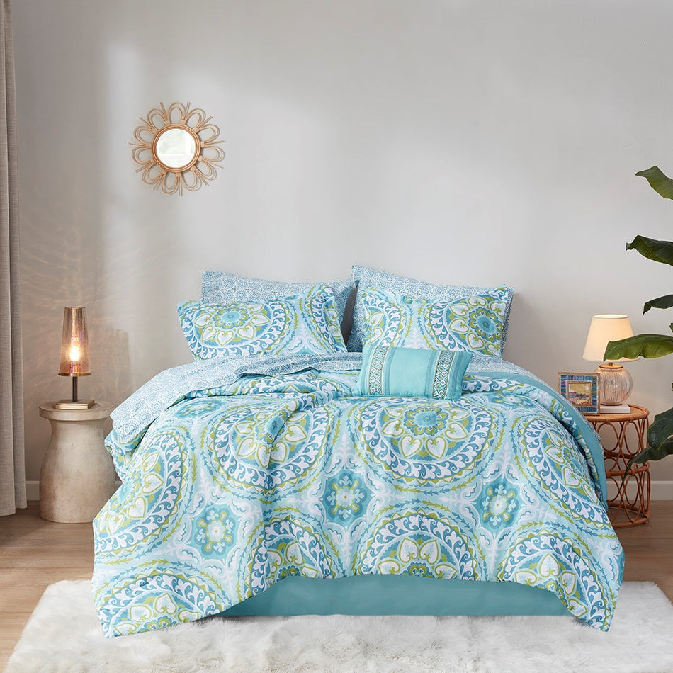 Serenity 9 Piece Comforter Set with Cotton Bed Sheets - Aqua - Queen Size