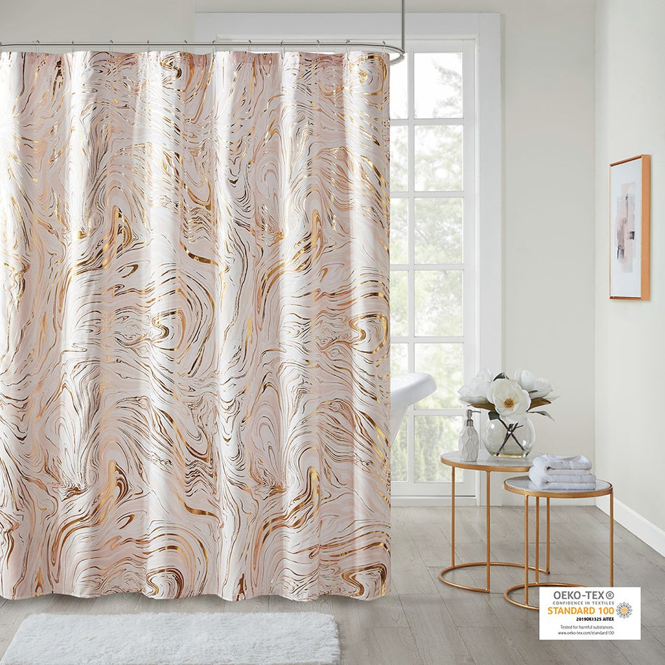 Intelligent Design Rebecca Printed Marble Metallic Shower Curtain - Blush / Gold - 72x72"