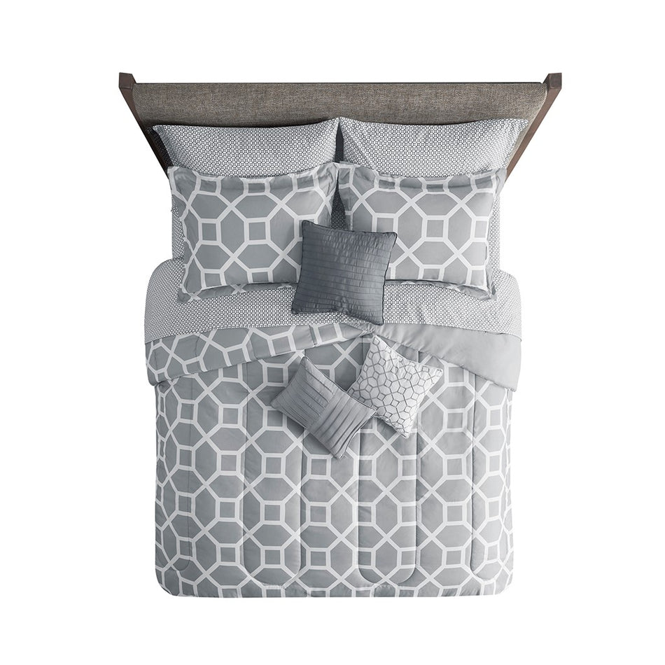 Nora 10 Piece Geometric Comforter Set with Bed Sheets - Grey - Queen Size