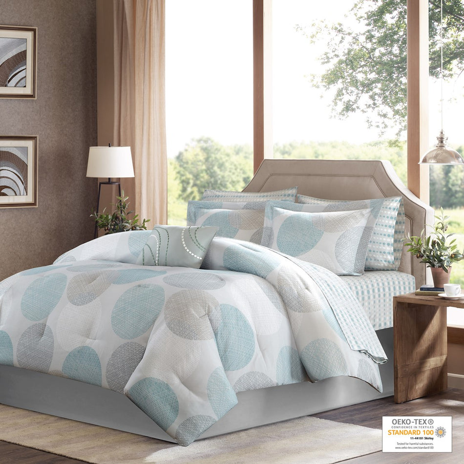 Knowles 9 Piece Comforter Set with Cotton Bed Sheets - Aqua - Full Size