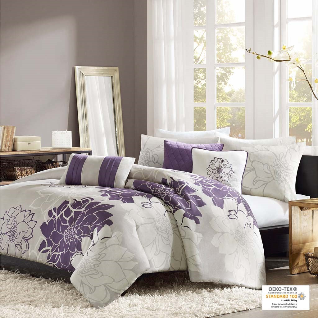 Madison Park Lola 6 Piece Printed Duvet Cover Set - Purple - Full Size / Queen Size