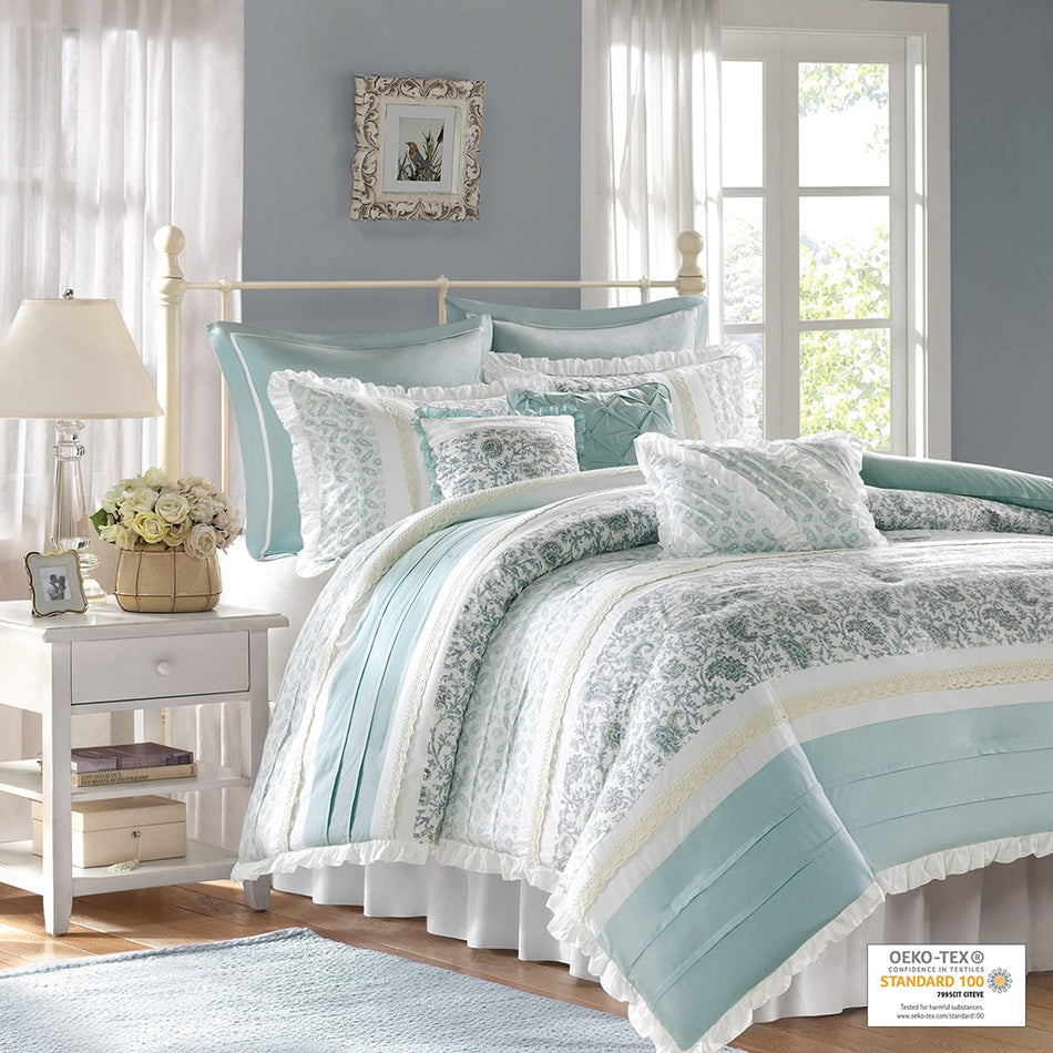 Madison Park Dawn 9 Piece Cotton Percale Comforter Set - Blue - King Size