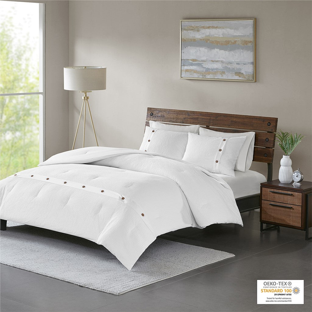 Madison Park Finley 3 Piece Cotton Waffle Weave Comforter set - White - King Size / Cal King Size