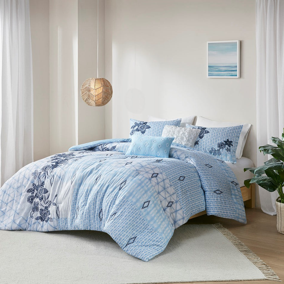 Sadie 5 Piece Cotton Comforter Set - Blue - Full Size / Queen Size