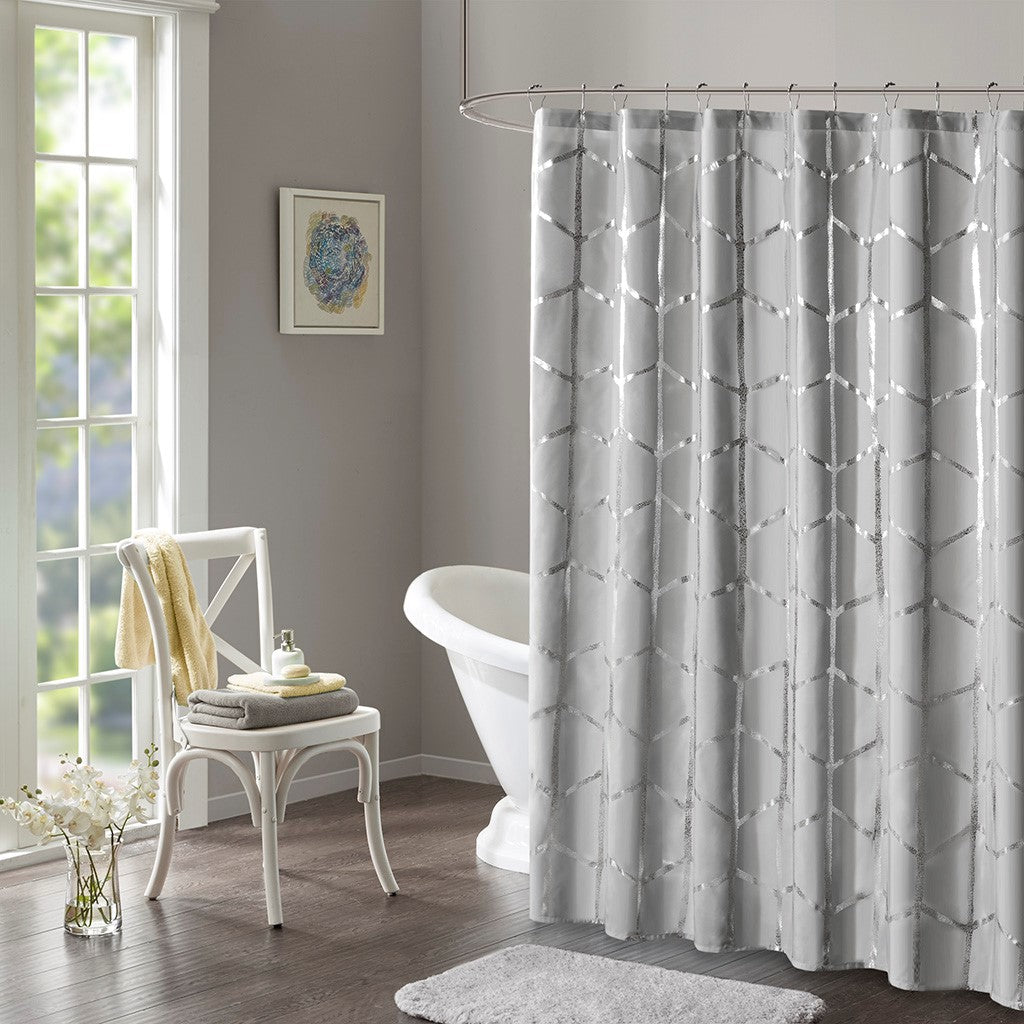 Intelligent Design Raina Printed Metallic Shower Curtain - Grey / Silver - 72x72"