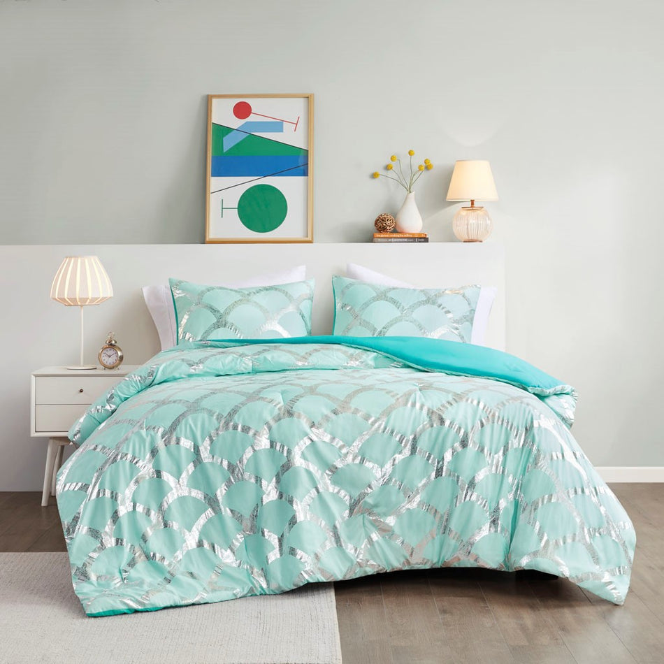 Intelligent Design  Lorna Metallic Printed Comforter and Sham Set - Aqua  - Full Size / Queen Size Shop Online & Save - ExpressHomeDirect.com