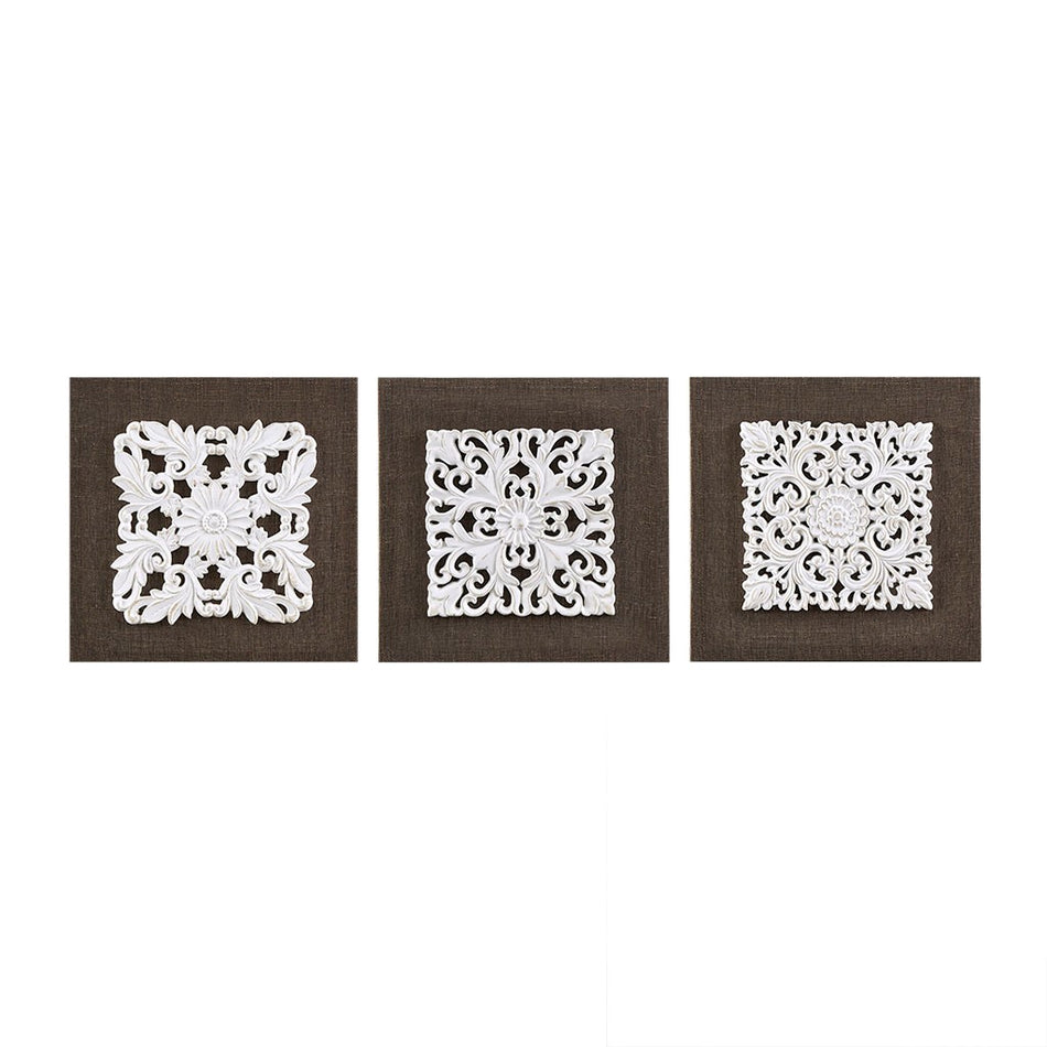 White Mandala Trinity 3D Embellished Linen Canvas 3 Piece Wall Art - White / Brown
