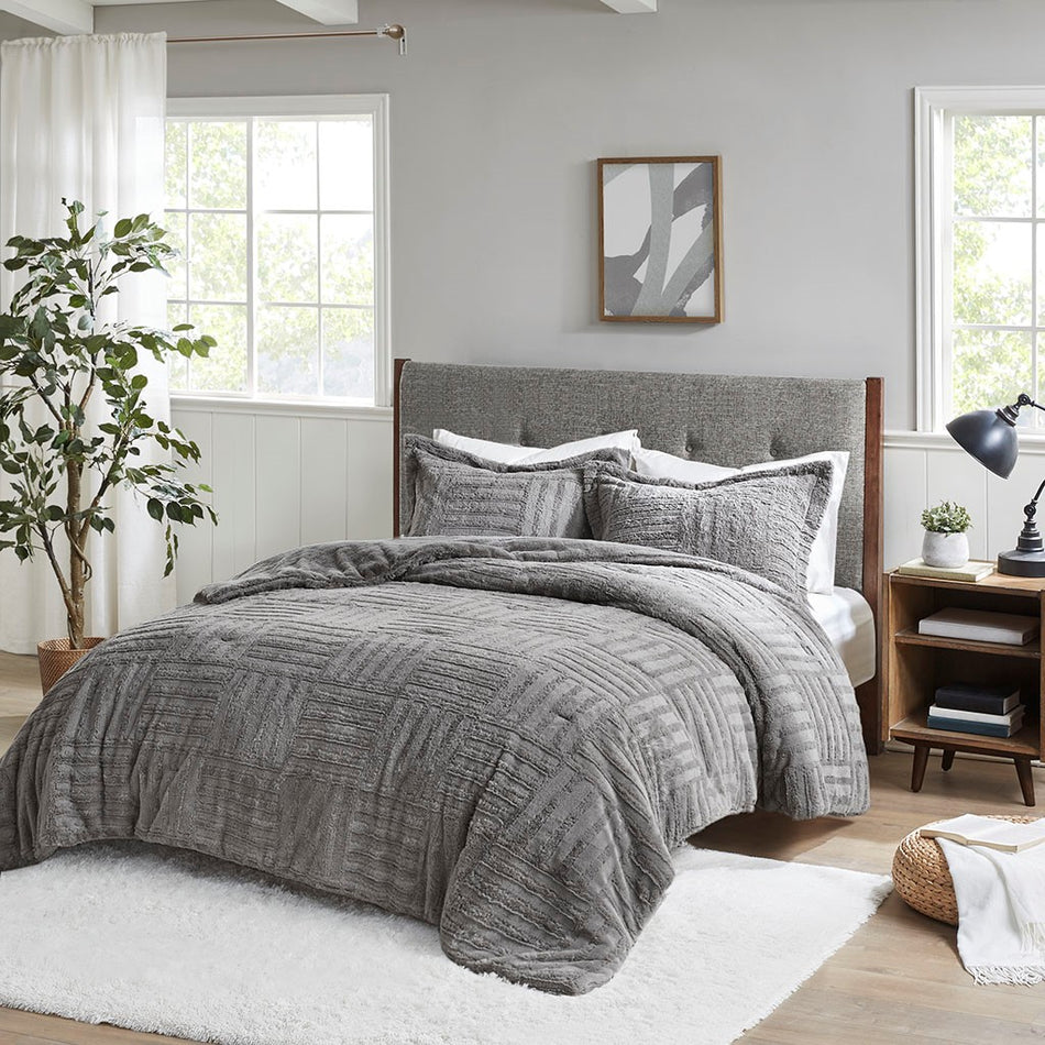 Madison Park Arctic Fur Down Alternative Comforter Mini Set - Grey - Full Size / Queen Size