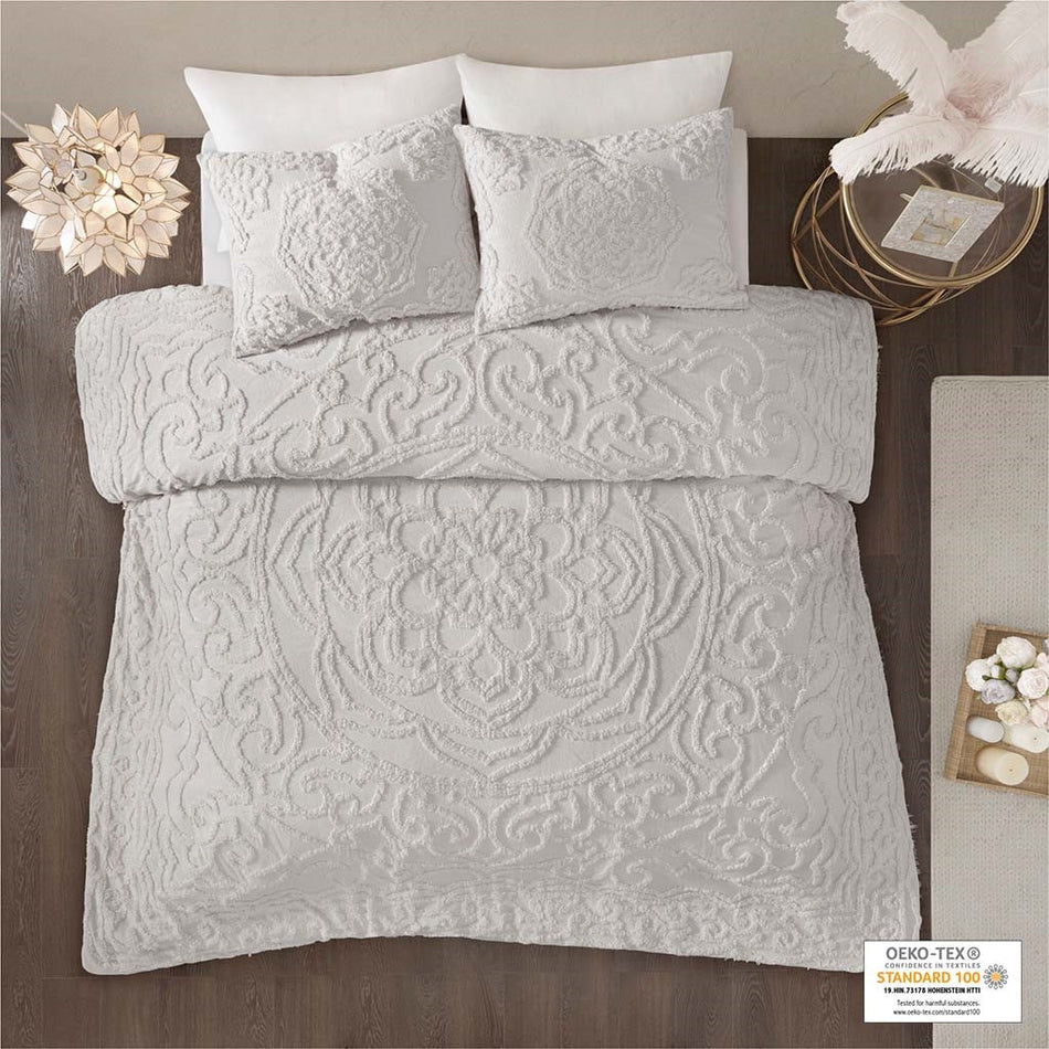 Madison Park Laetitia 3-Piece Tufted Cotton Chenille Medallion Duvet Cover Set - Grey - Full Size / Queen Size