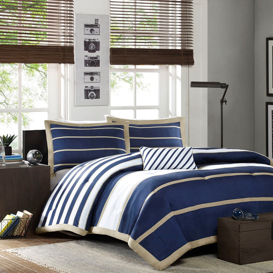 Mi Zone Ashton Comforter Set - Khaki / Navy - Twin Size / Twin XL Size