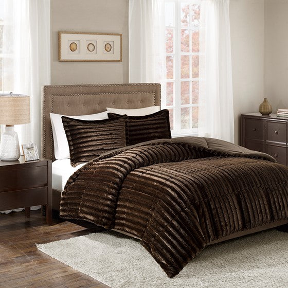 Madison Park Duke Faux Fur Comforter Mini Set - Chocolate - Full Size / Queen Size