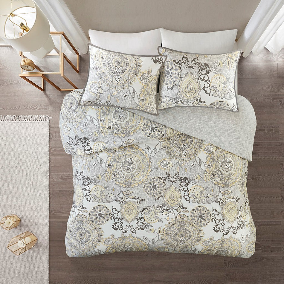Madison Park Isla 3 Piece Cotton Floral Printed Reversible Duvet Cover Set
 - Yellow - Full/Queen - MP12-8158
