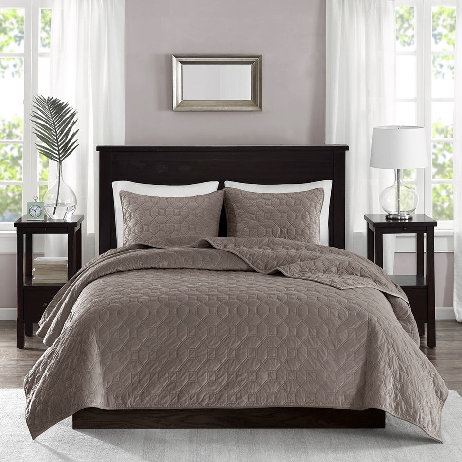 Harper 3 Piece Velvet Quilt Set - Taupe - Full Size / Queen Size