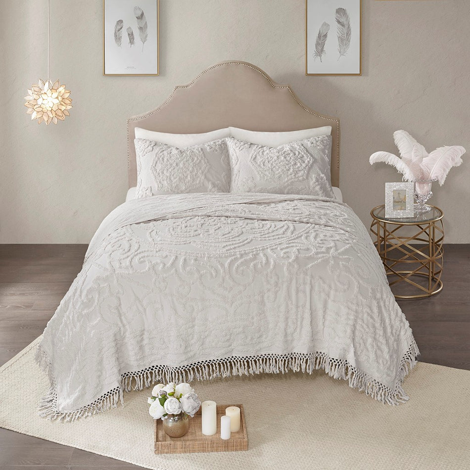 Laetitia Tufted Cotton Chenille Medallion Fringe Coverlet Mini Set - Grey - King Size / Cal King Size