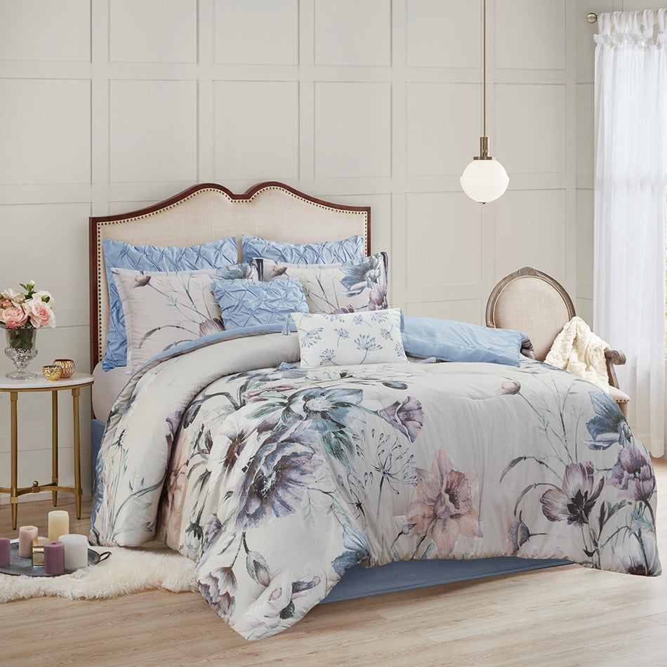 Cassandra 8 Piece Cotton Printed Comforter Set - Blue - Queen Size
