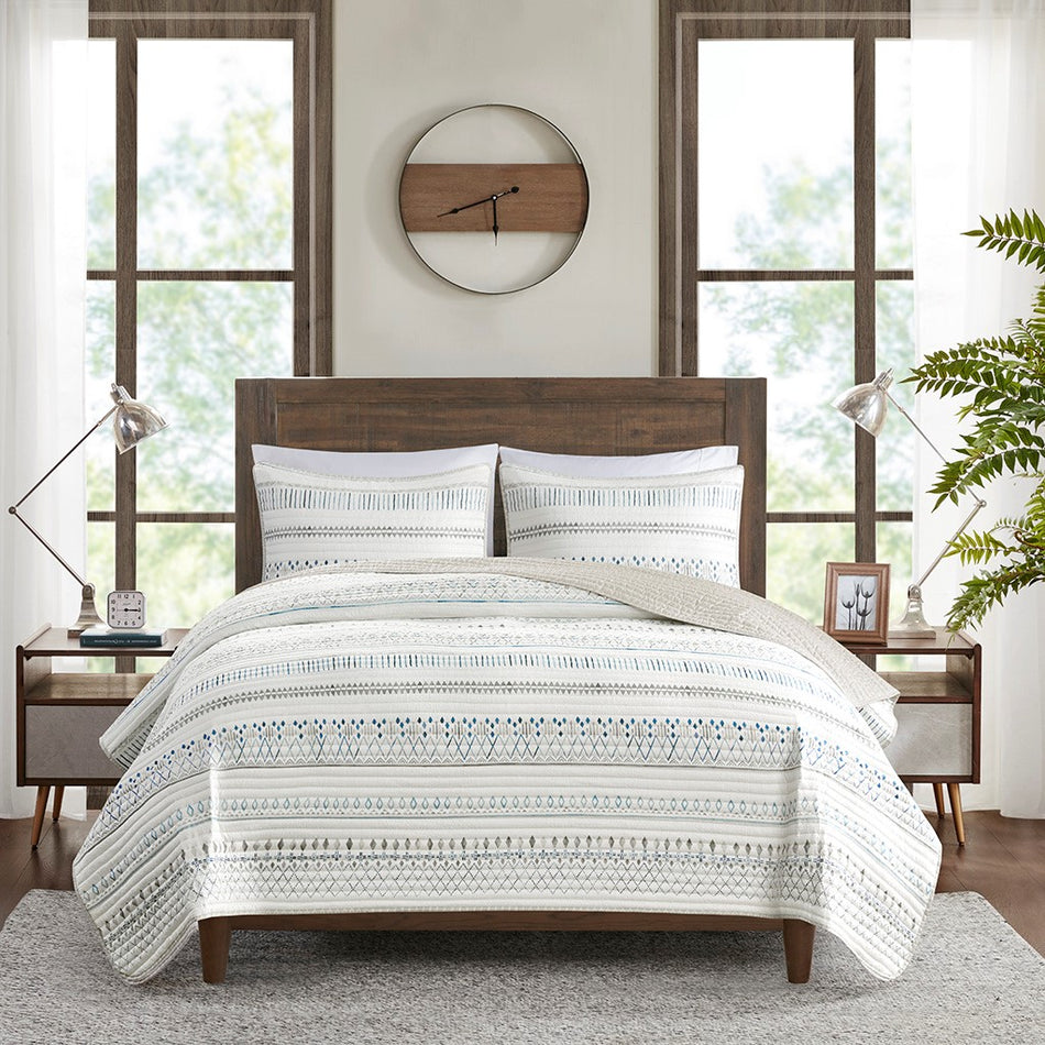 Fraser 3 Piece Printed Microfiber Seersucker Quilt Set - Taupe Multi - Full Size / Queen Size