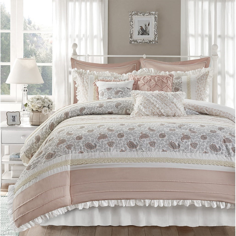 Dawn 9 Piece Cotton Percale Comforter Set - Blush - Queen Size