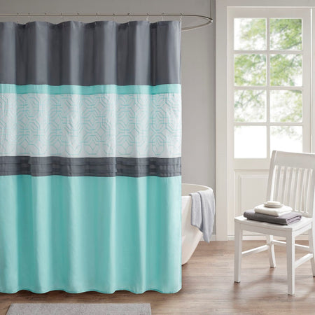 510 Design Donnell Embroidered and Pieced Shower Curtain - Aqua / Grey - 72x72"