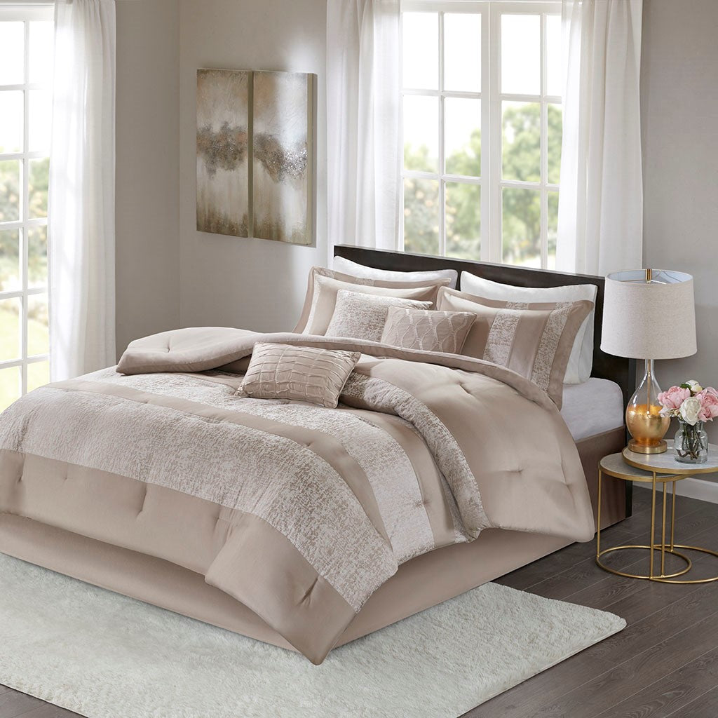 Madison Park Ava 7 Piece Chenille Jacquard Comforter Set - Taupe - Queen Size