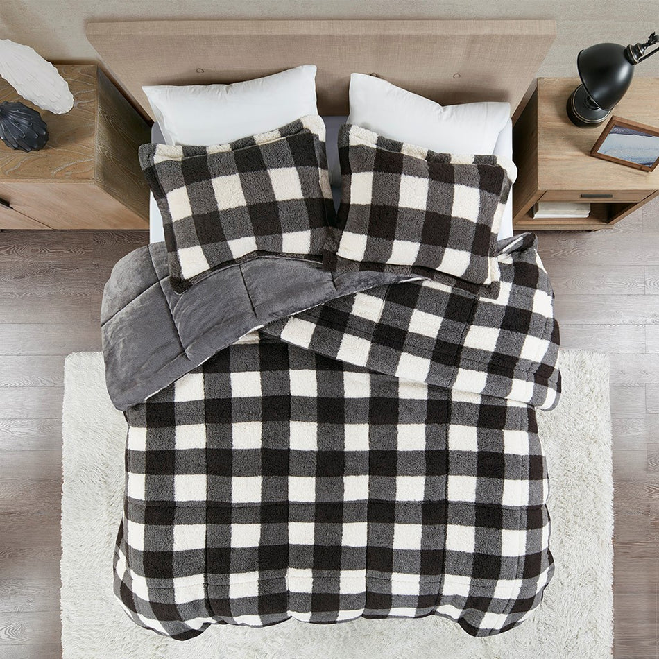 Brooks Print Sherpa Down Alternative Comforter Set - Ivory / Black - Full Size / Queen Size